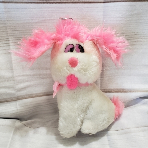 White Puppy Dog 7" Plush Pink Fuzzy Ears Carnival Style Felt Tongue Pink Eyes 80 - Picture 11 of 11